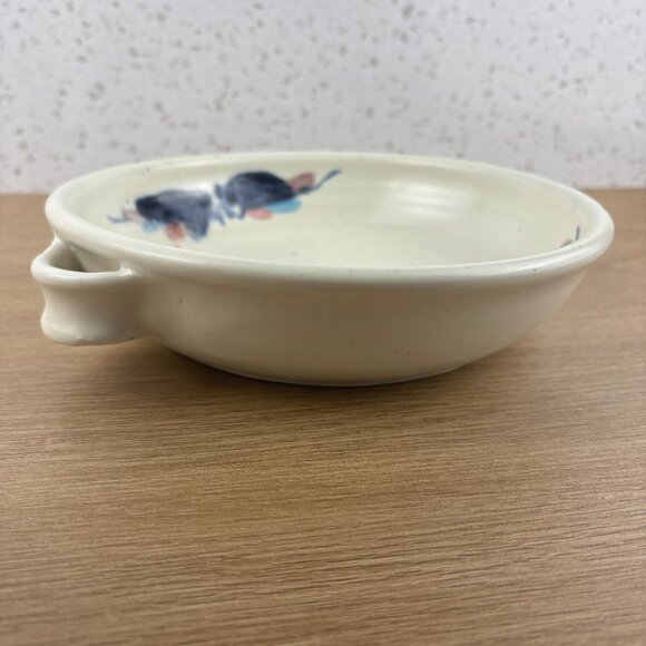 Vintage 1993 Studio Pottery Serving Bowl with Handles in White & Abstract Blue - Picture 3 of 10